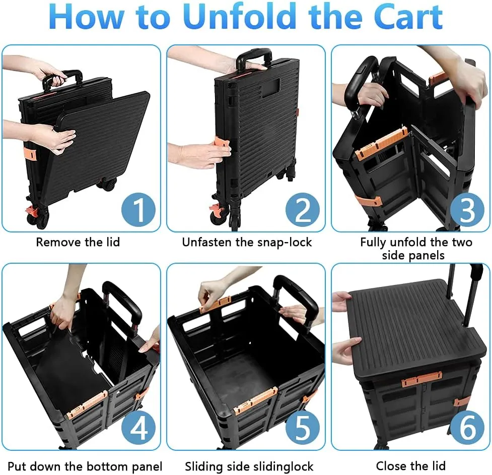 Utility Cart Folding Portable Rolling Crate Handcart with Lid Durable Heavy Duty Plastic Telescoping Handle Collapsible 360 Degree Rotate Wheels for Travel Shopping Moving Luggage Office Use,Black