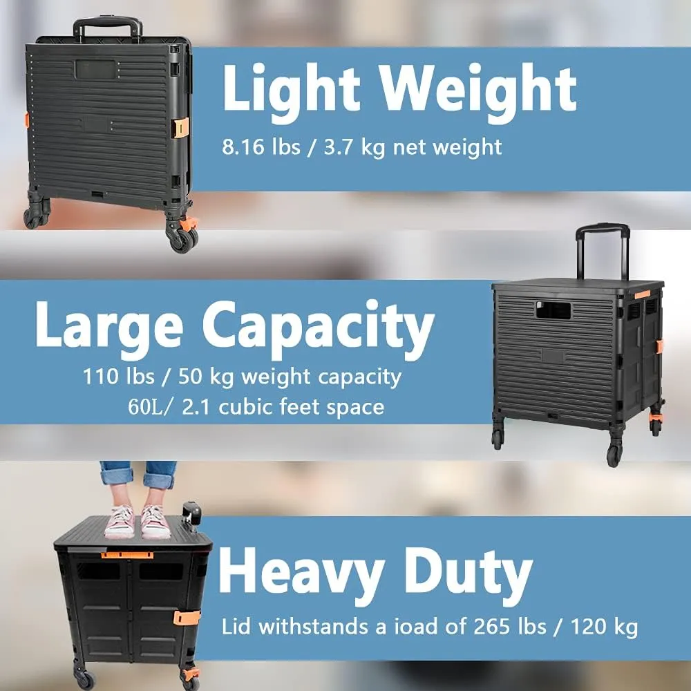 Utility Cart Folding Portable Rolling Crate Handcart with Lid Durable Heavy Duty Plastic Telescoping Handle Collapsible 360 Degree Rotate Wheels for Travel Shopping Moving Luggage Office Use,Black