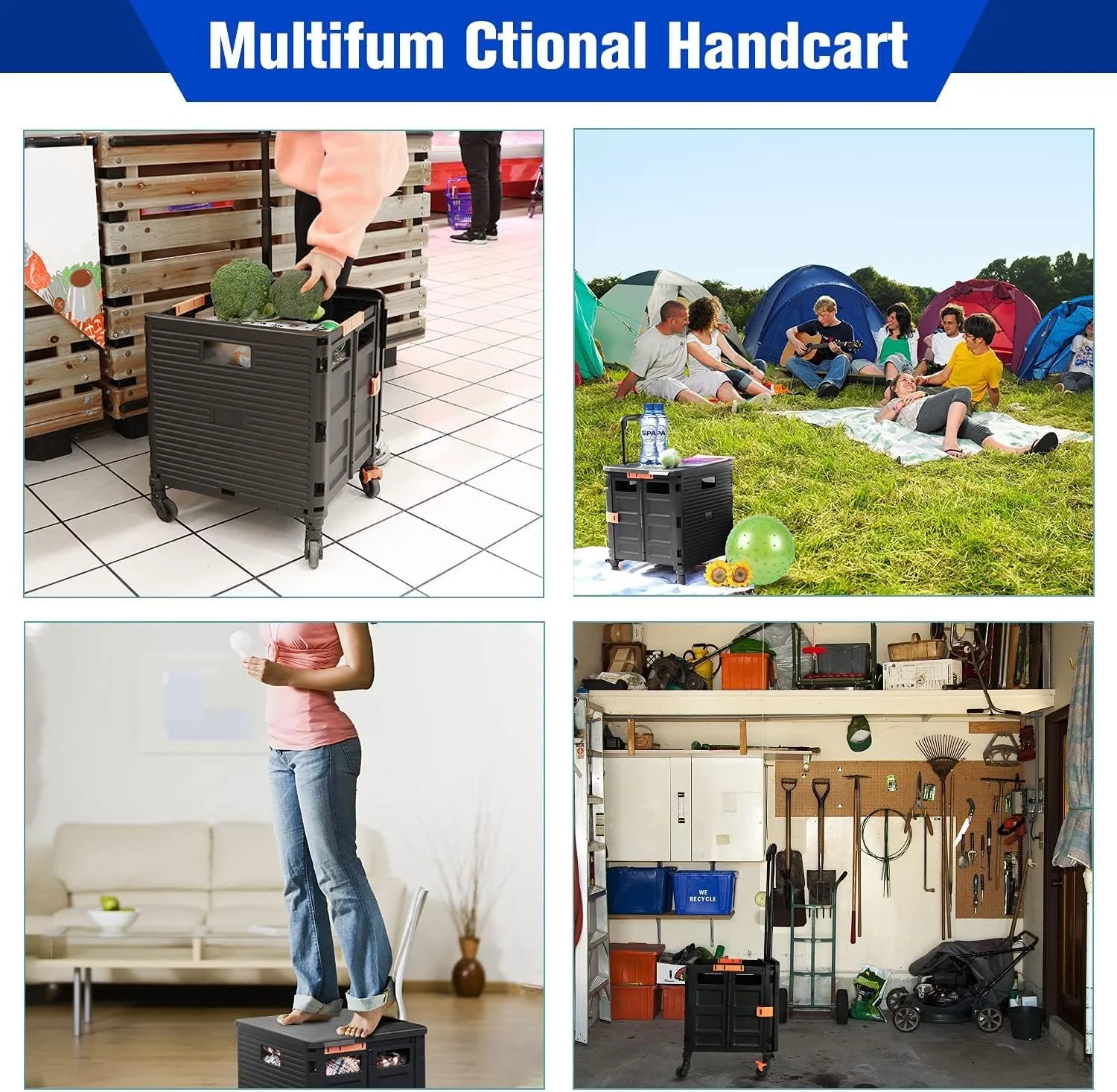 Utility Cart Folding Portable Rolling Crate Handcart with Lid Durable Heavy Duty Plastic Telescoping Handle Collapsible 360 Degree Rotate Wheels for Travel Shopping Moving Luggage Office Use,Black