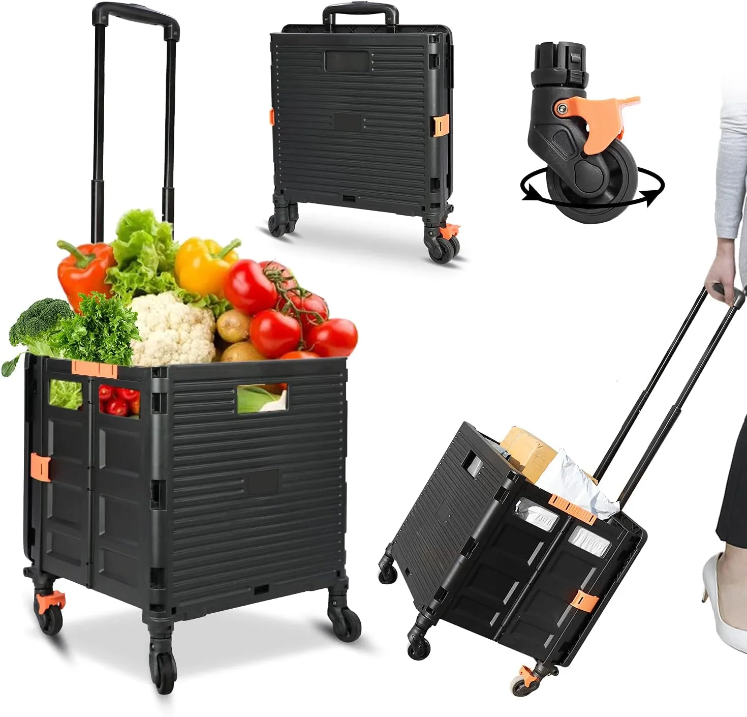 Utility Cart Folding Portable Rolling Crate Handcart with Lid Durable Heavy Duty Plastic Telescoping Handle Collapsible 360 Degree Rotate Wheels for Travel Shopping Moving Luggage Office Use,Black
