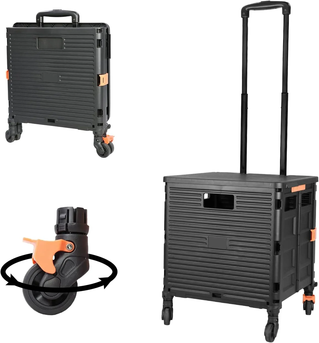 Utility Cart Folding Portable Rolling Crate Handcart with Lid Durable Heavy Duty Plastic Telescoping Handle Collapsible 360 Degree Rotate Wheels for Travel Shopping Moving Luggage Office Use,Black
