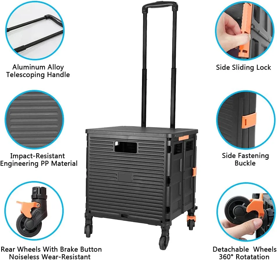 Utility Cart Folding Portable Rolling Crate Handcart with Lid Durable Heavy Duty Plastic Telescoping Handle Collapsible 360 Degree Rotate Wheels for Travel Shopping Moving Luggage Office Use,Black
