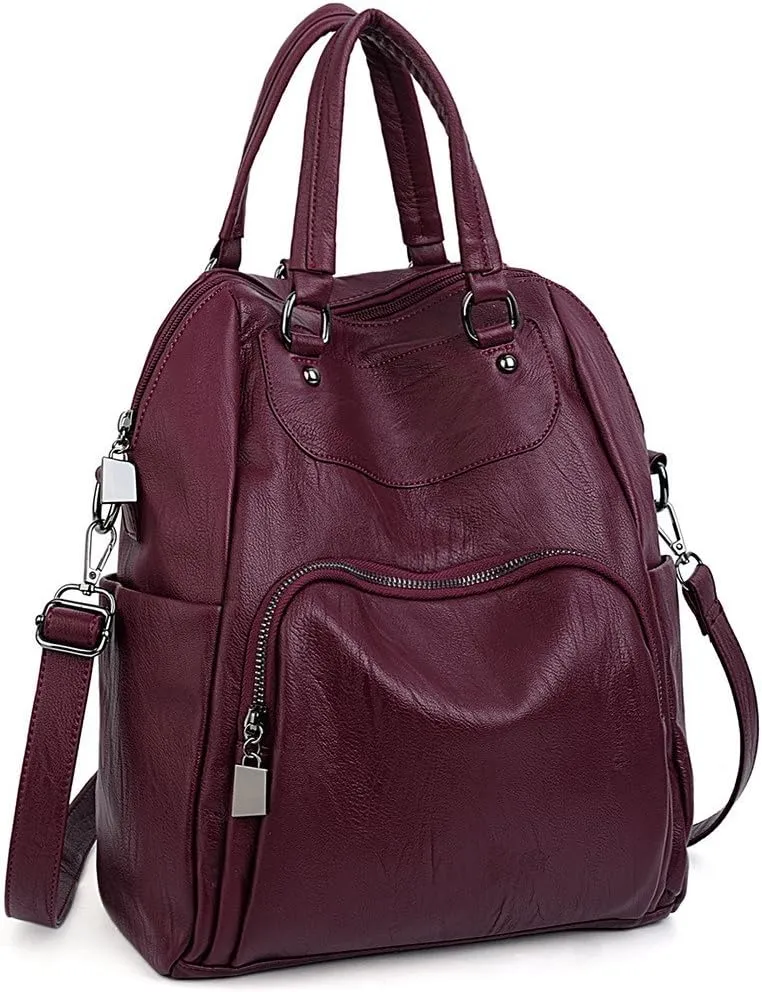 UTO Women Backpack Purse PU Washed Leather Convertible Ladies Rucksack Crossbody Shoulder Bag Red
