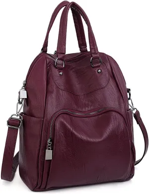 UTO Women Backpack Purse PU Washed Leather Convertible Ladies Rucksack Crossbody Shoulder Bag Red