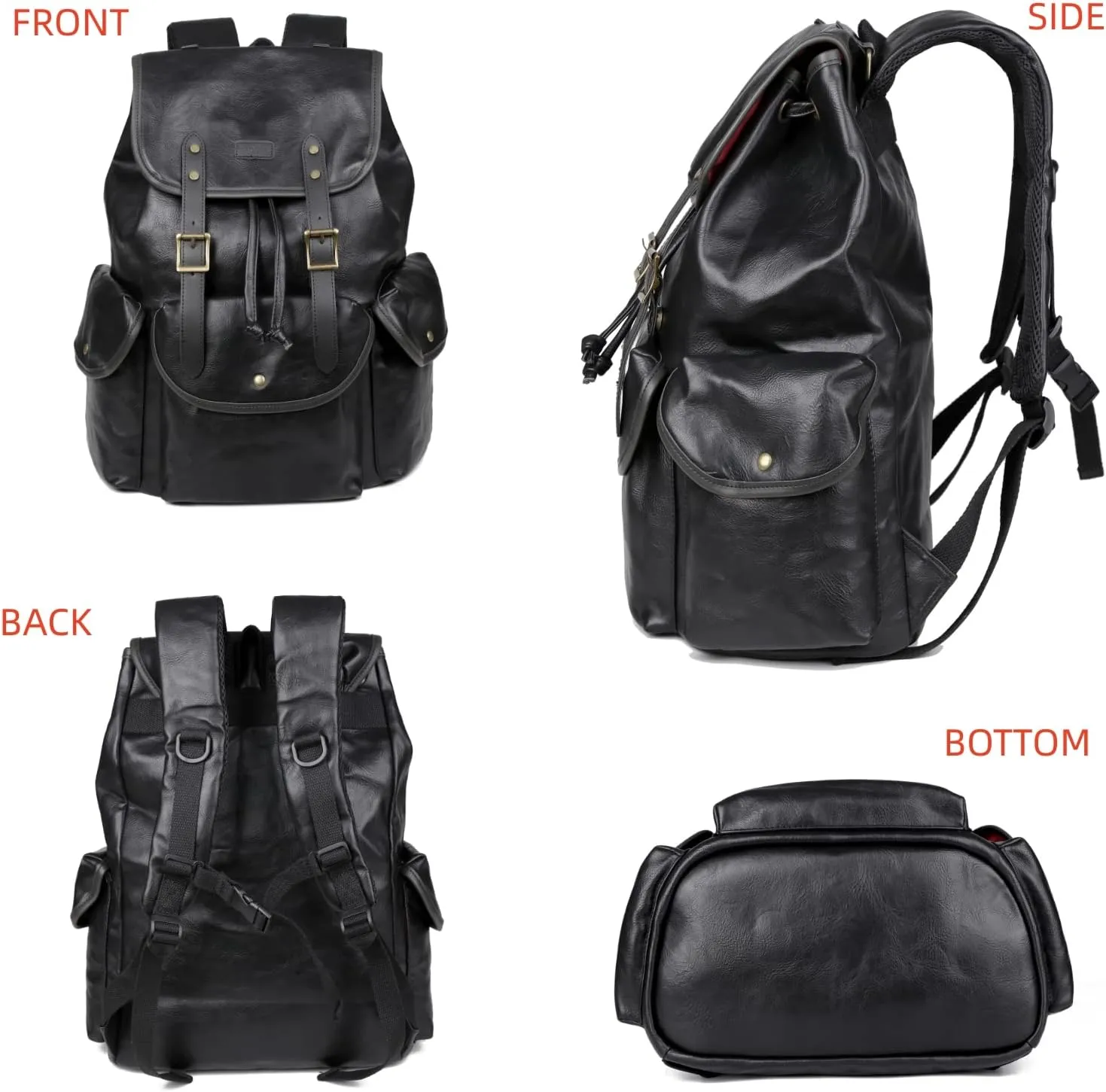 Vegan Leather 15.6 inch Laptop Backpack Hiking Camping Backpack Satchel Bookbag Travel Business Casual Backpack CN-01 (Black)