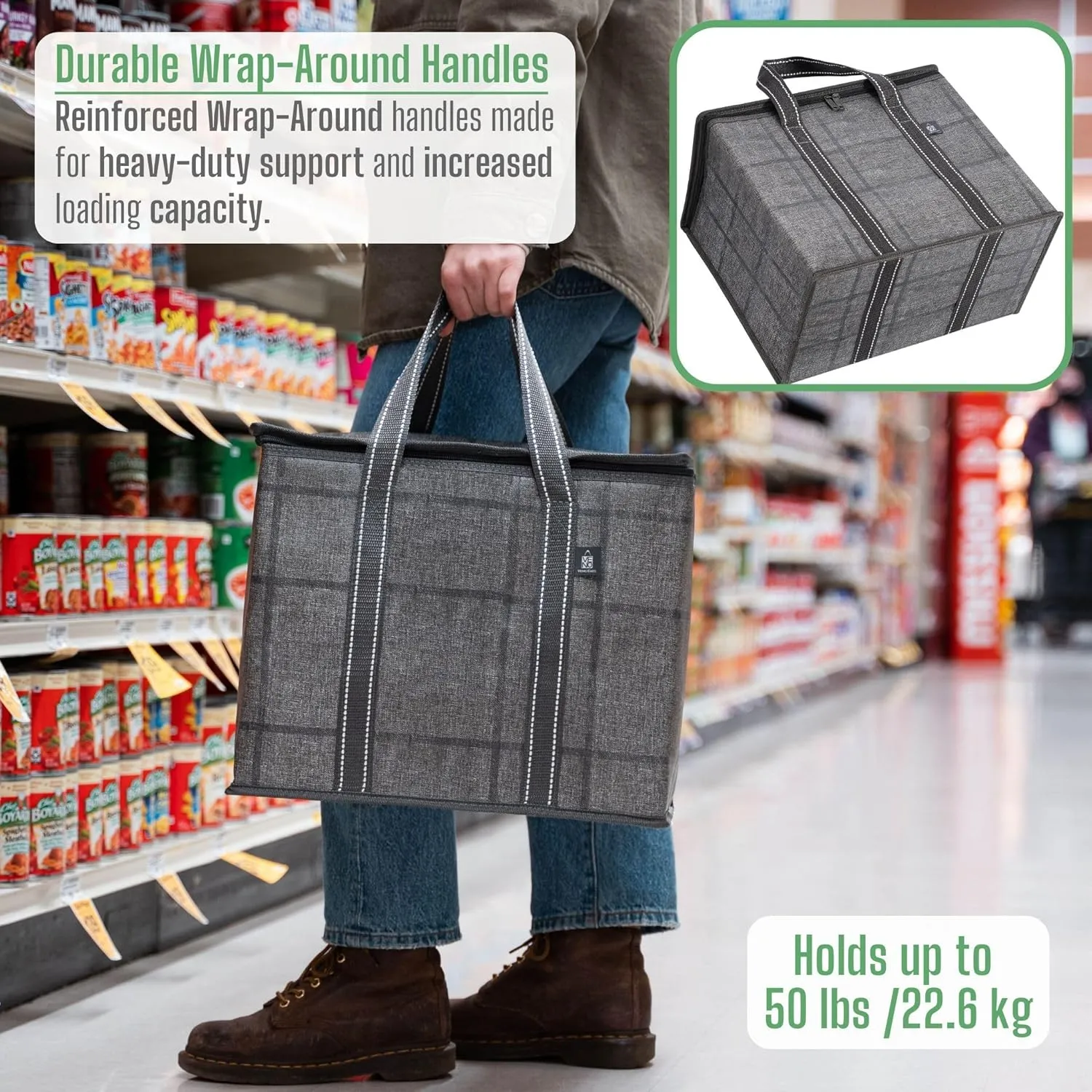 VENO 2 Pack Cooler Bag and Insulated Grocery Bags for Food Delivery, Collapsible Cooler. Reusable Shopping Bags for Groceries with Hard Bottom, Zippered Top, Foldable, Heavy-Duty (Windowpane, 2 Pack)