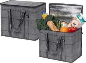 VENO 2 Pack Cooler Bag and Insulated Grocery Bags for Food Delivery, Collapsible Cooler. Reusable Shopping Bags for Groceries with Hard Bottom, Zippered Top, Foldable, Heavy-Duty (Windowpane, 2 Pack)