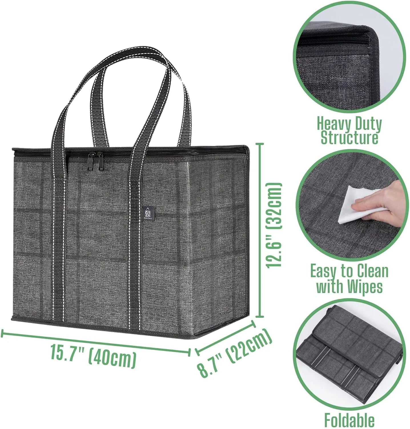 VENO 2 Pack Cooler Bag and Insulated Grocery Bags for Food Delivery, Collapsible Cooler. Reusable Shopping Bags for Groceries with Hard Bottom, Zippered Top, Foldable, Heavy-Duty (Windowpane, 2 Pack)