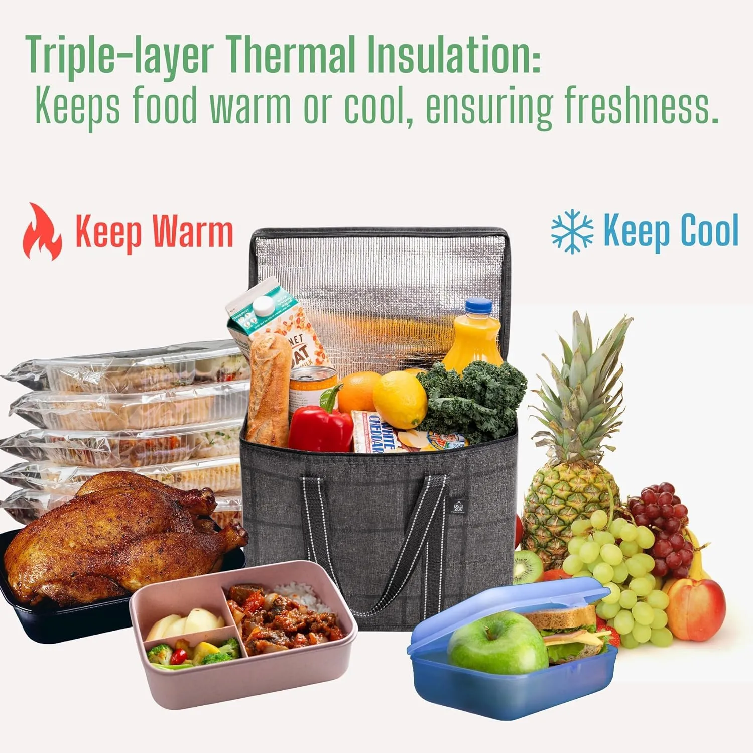 VENO 2 Pack Cooler Bag and Insulated Grocery Bags for Food Delivery, Collapsible Cooler. Reusable Shopping Bags for Groceries with Hard Bottom, Zippered Top, Foldable, Heavy-Duty (Windowpane, 2 Pack)