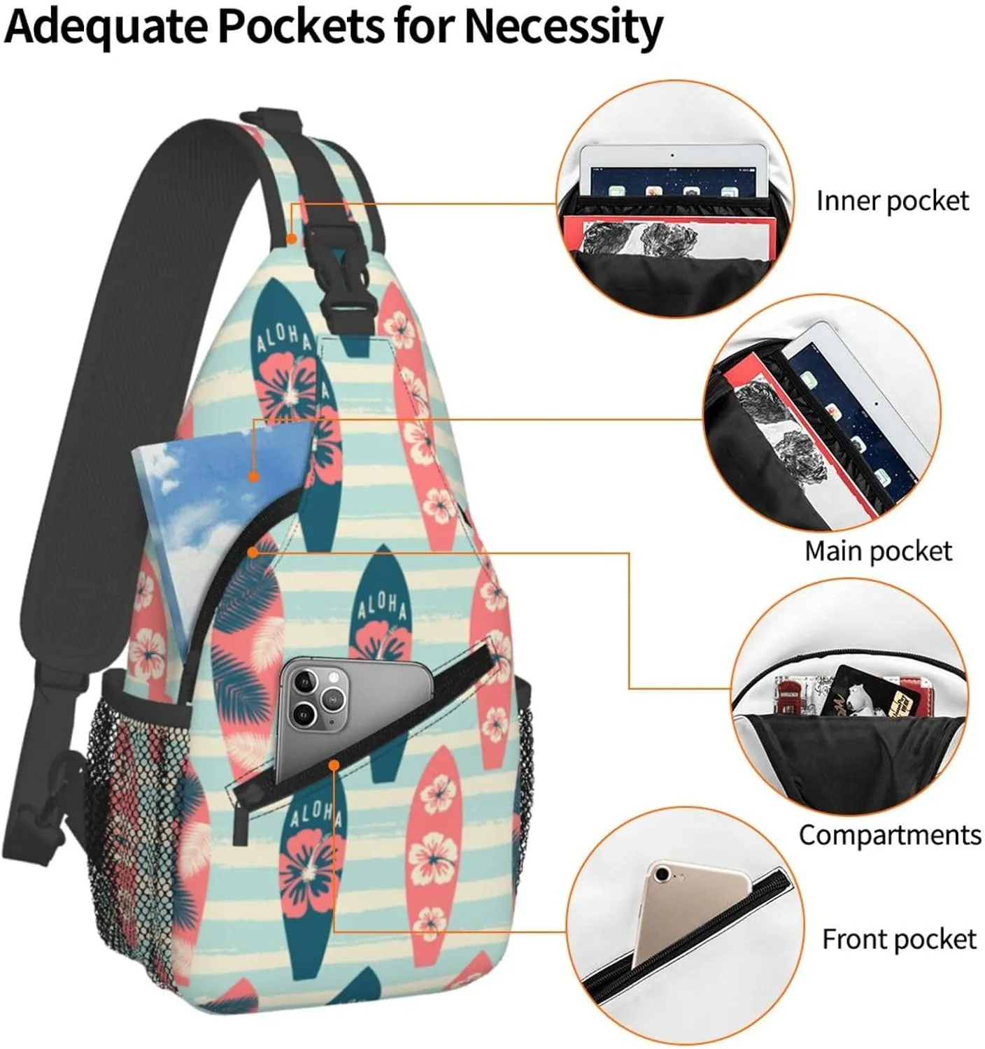 Vintage Surf Boards Cross Chest Bag Diagonally Hiking Crossbody Bag Travel Shoulder Daypack Lightweight Sling Backpack Cycling Daypacks Fitness Chest Backpacks