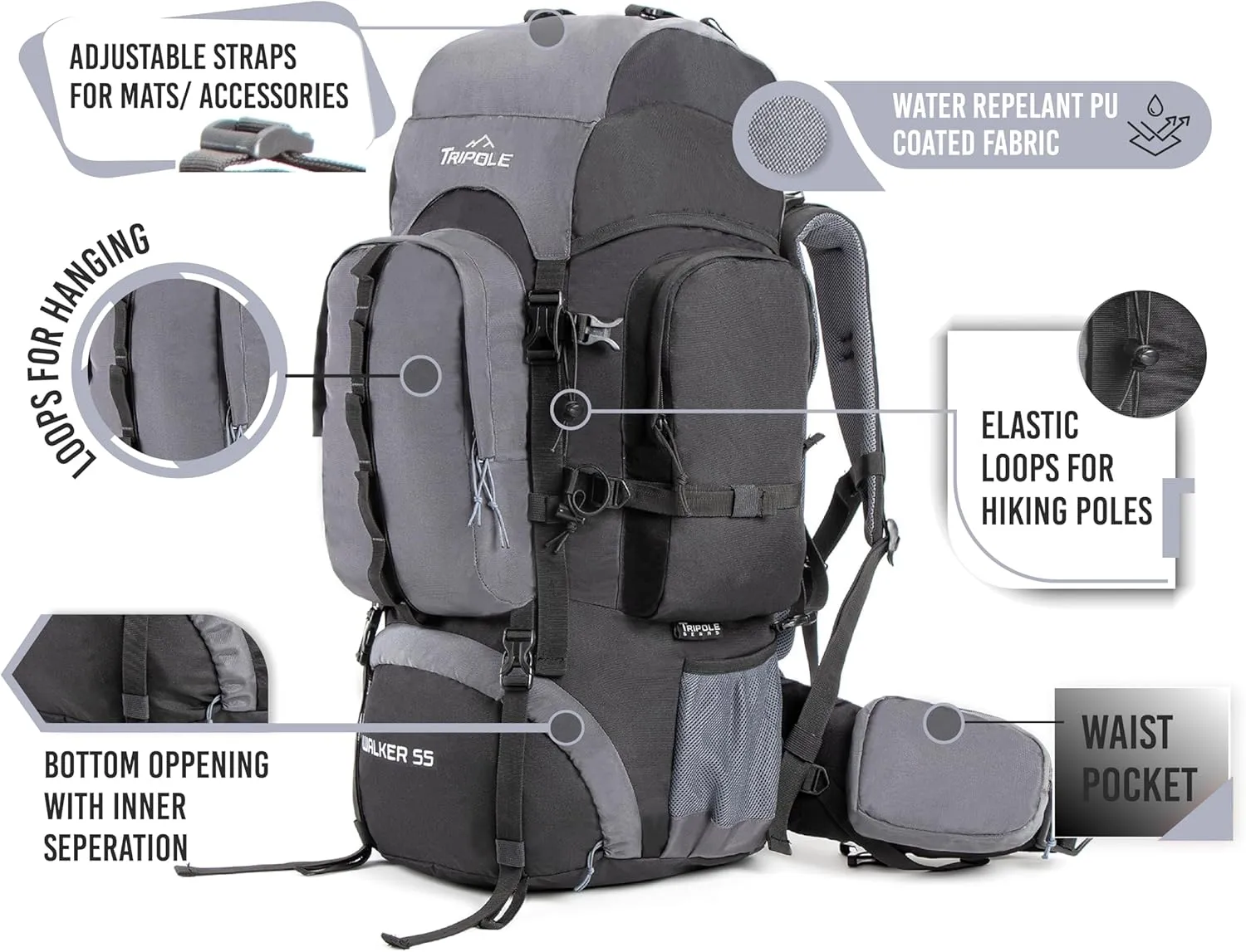 Walker 65 Litres Rucksack | Internal Frame With Metal Rod | Rain Cover | Bottom Opening | Laptop Section