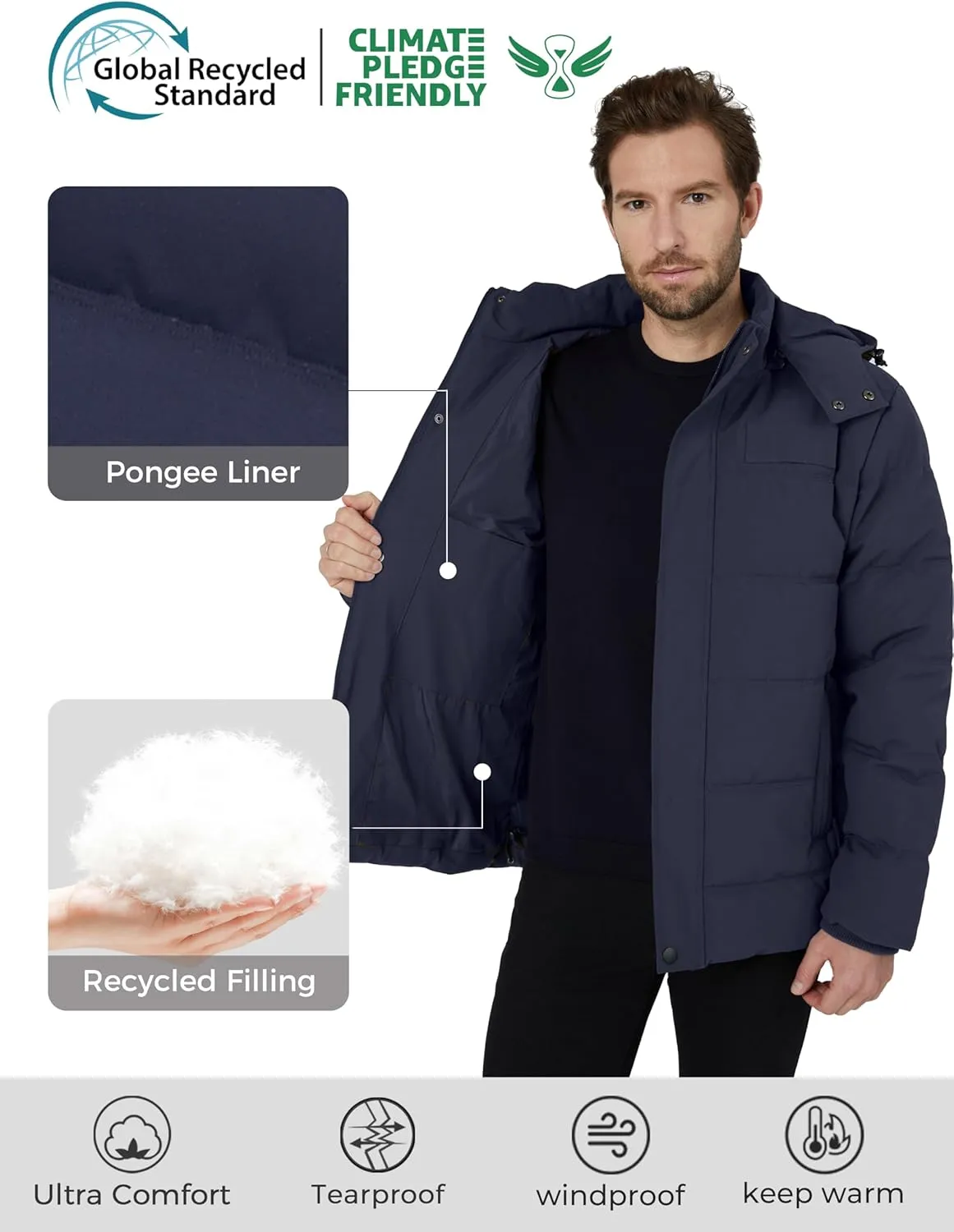 Wantdo Men's Hooded Winter Coat Warm Puffer Jacket Thicken Cotton Coat with Removable Hood