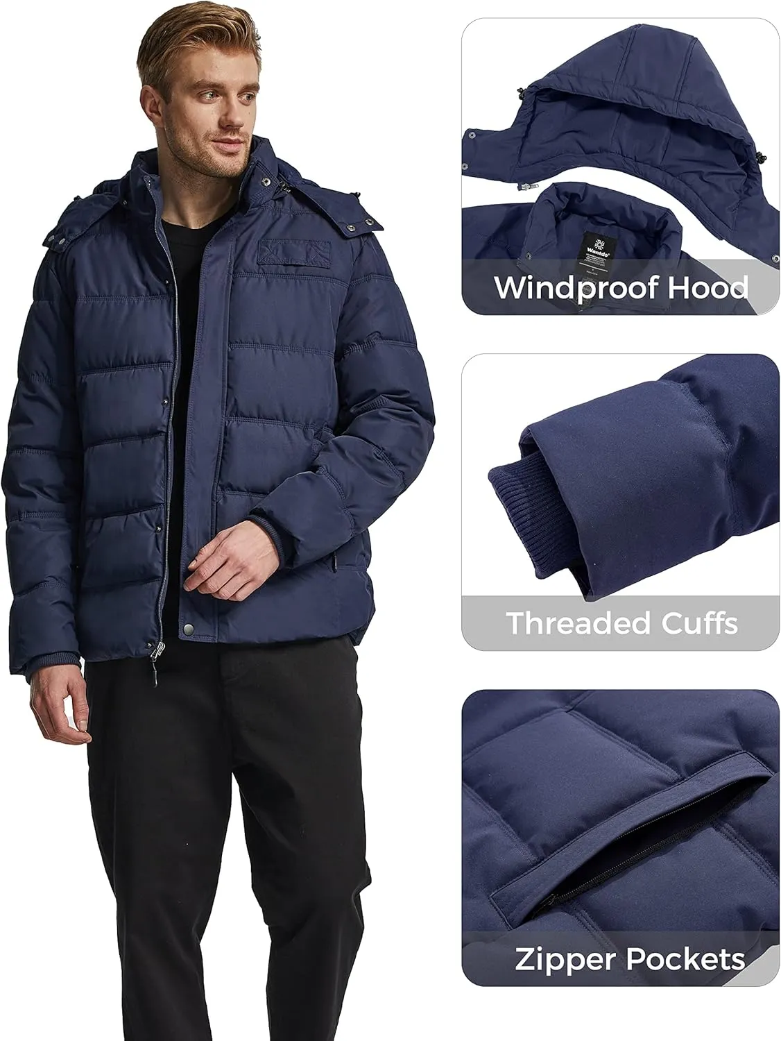 Wantdo Men's Hooded Winter Coat Warm Puffer Jacket Thicken Cotton Coat with Removable Hood