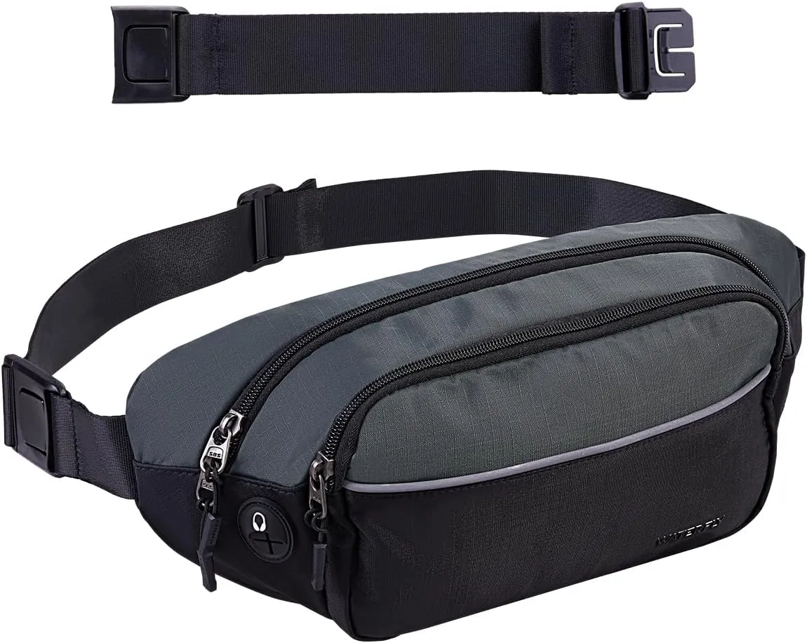 WATERFLY Fanny Pack Waist Bag: Large Waist Packs for Women Men Fashion Crossbody Belt Bags for Hiking Running Travel Walking-Black & Gray
