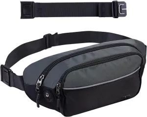 WATERFLY Fanny Pack Waist Bag: Large Waist Packs for Women Men Fashion Crossbody Belt Bags for Hiking Running Travel Walking-Black & Gray