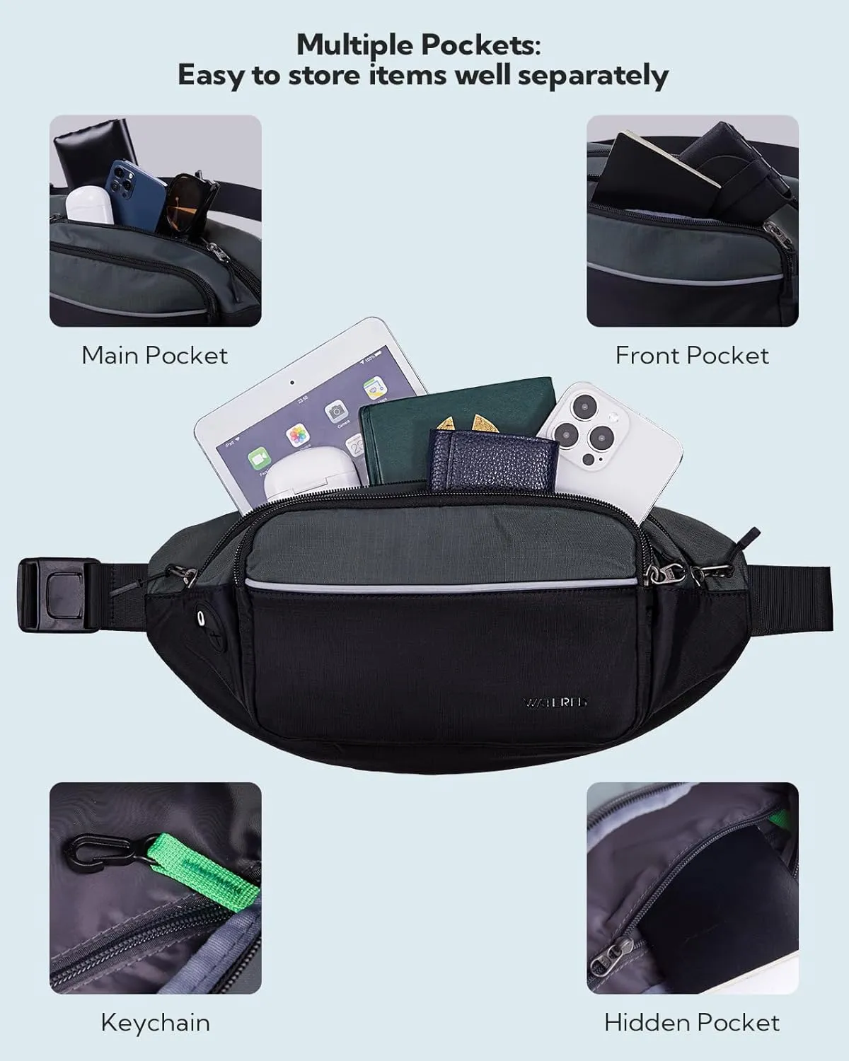 WATERFLY Fanny Pack Waist Bag: Large Waist Packs for Women Men Fashion Crossbody Belt Bags for Hiking Running Travel Walking-Black & Gray