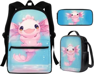 WELLFLYHOM Axolotl School Bag Backpack for Kids Girl Elementary School Bookbag with Lunch Box Pencil Case Middle/Primary Kids Bagpack Rucksack Satchel Back to School Supplies Daycare Bags