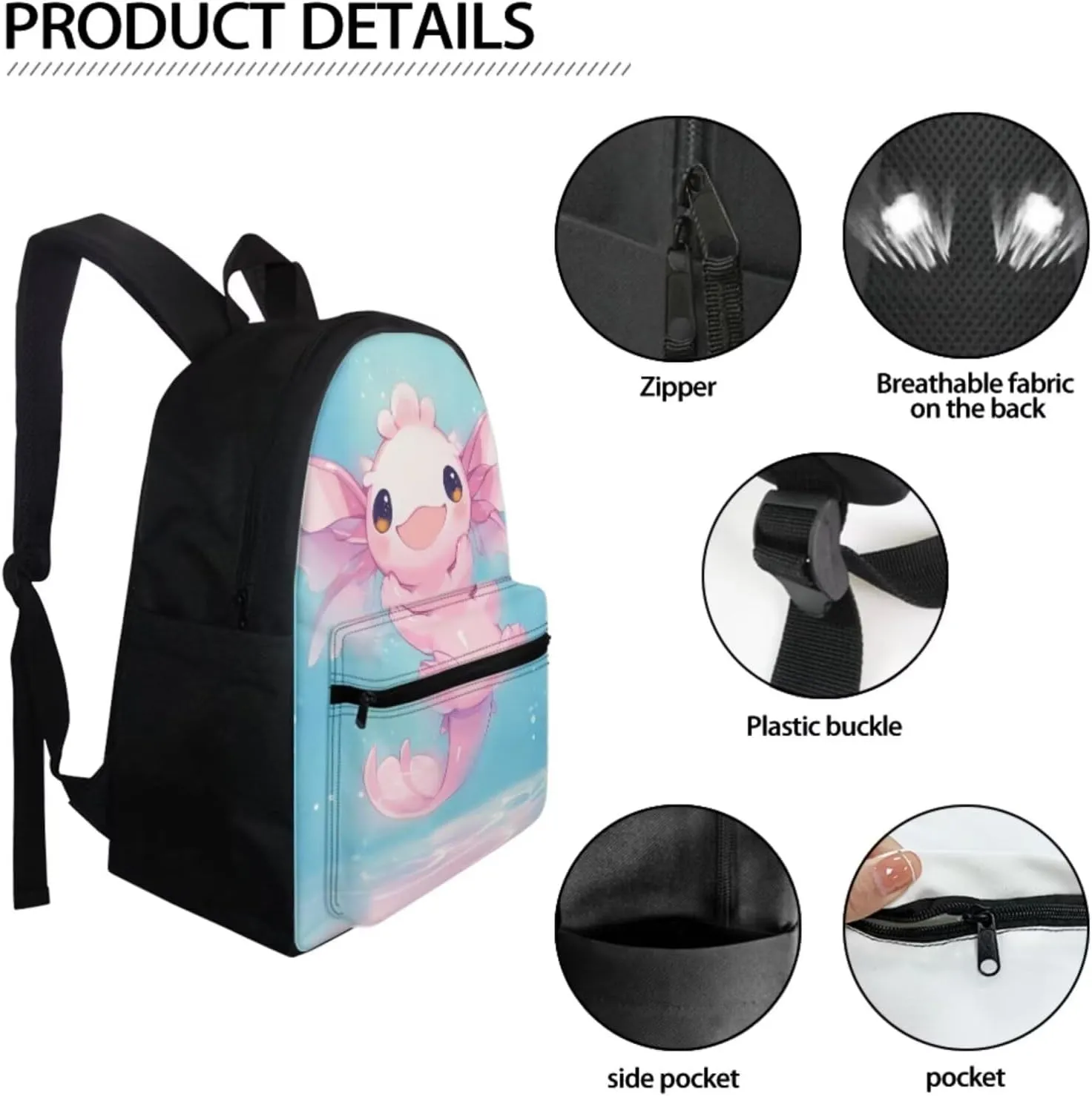 WELLFLYHOM Axolotl School Bag Backpack for Kids Girl Elementary School Bookbag with Lunch Box Pencil Case Middle/Primary Kids Bagpack Rucksack Satchel Back to School Supplies Daycare Bags