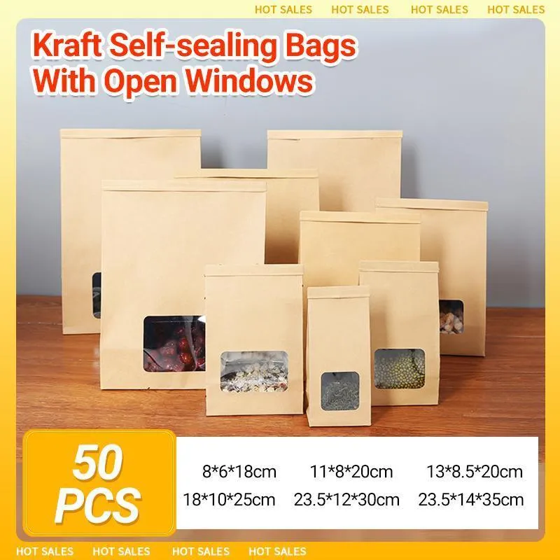 Window Self-sealing Paper Bags 50PCS 6Sizes Kraft