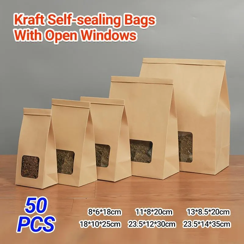 Window Self-sealing Paper Bags 50PCS 6Sizes Kraft