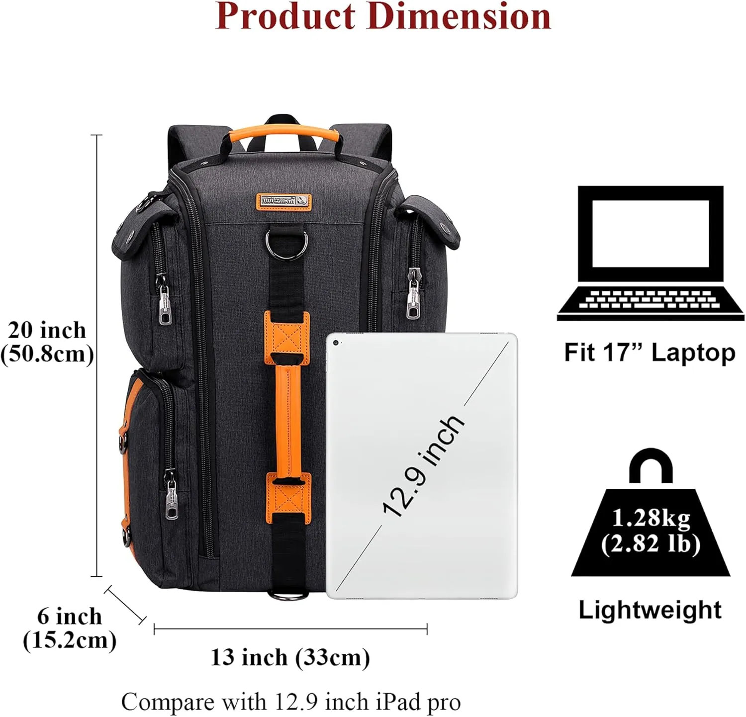 WITZMAN Travel Backpack for Men Carry On Backpack Duffel Bag Large Capacity Laptop Backpack 17 Inch (6695 Black)