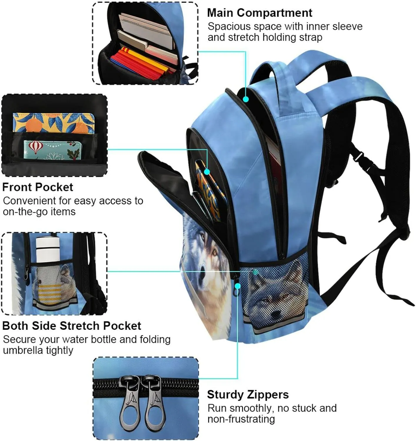 Wolf Backpack for Boys Elementary School Bag Kids Girls Bookbag Travel Rucksack