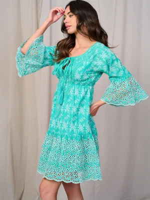 WOMEN'S 3/4 BELL SLEEVE DETAILED EYELET MINI DRESS