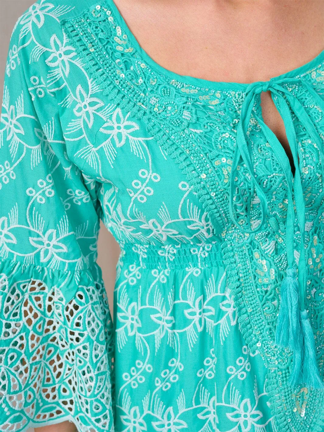 WOMEN'S 3/4 BELL SLEEVE DETAILED EYELET MINI DRESS