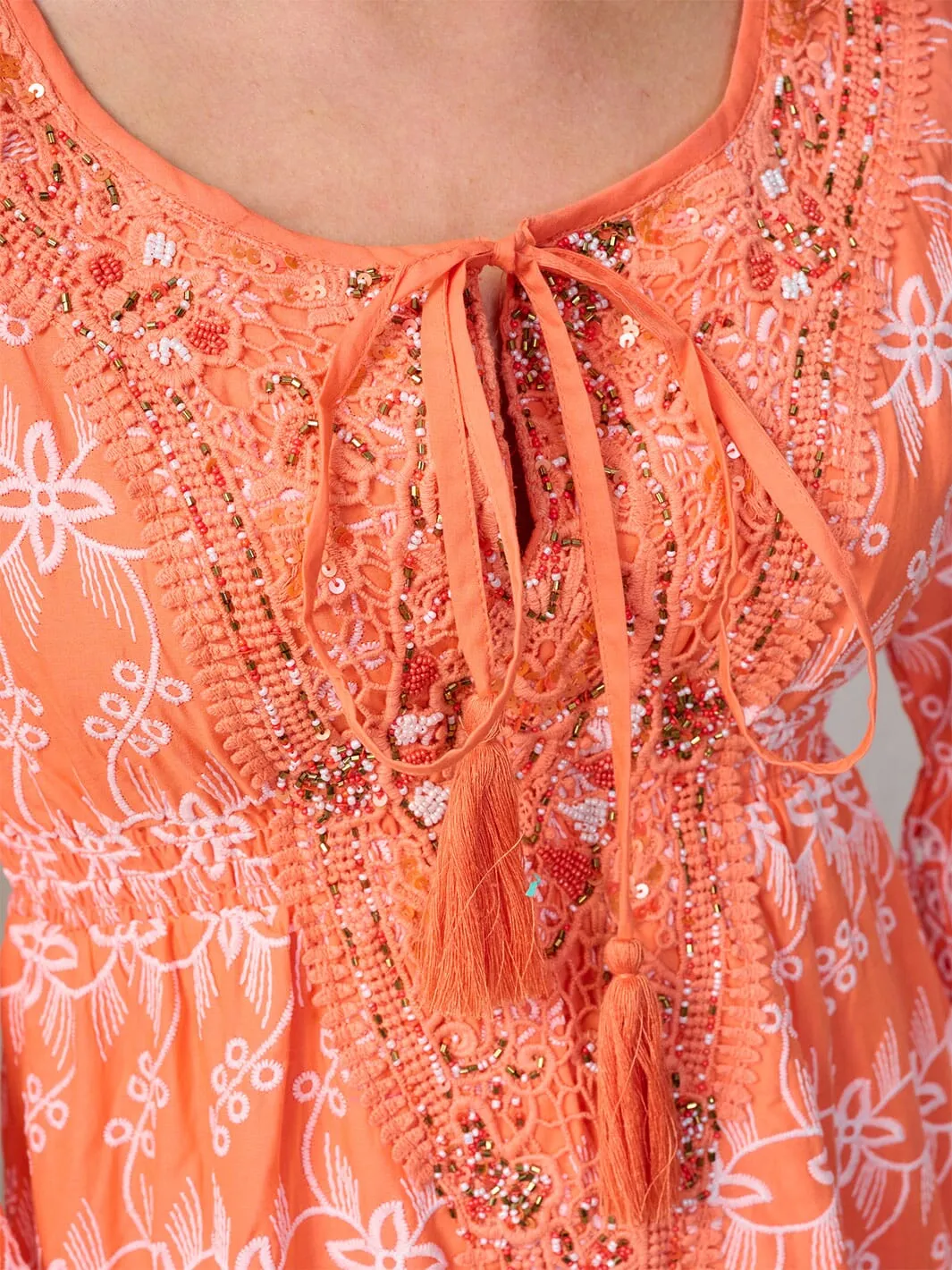WOMEN'S 3/4 BELL SLEEVE DETAILED EYELET MINI DRESS