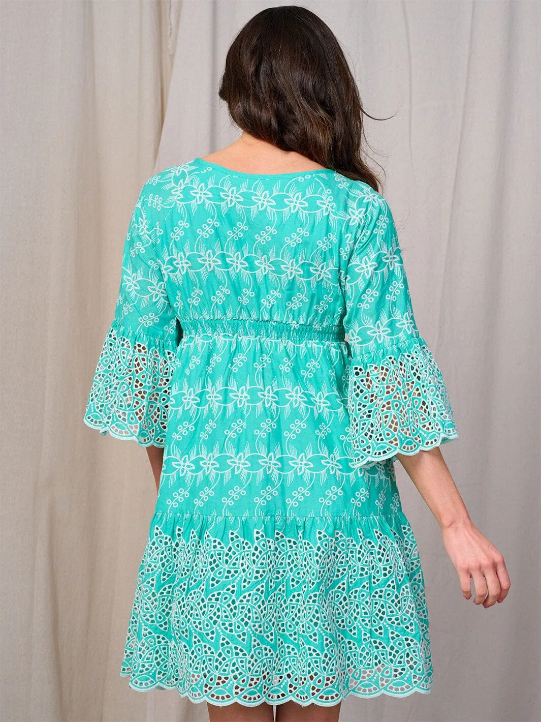 WOMEN'S 3/4 BELL SLEEVE DETAILED EYELET MINI DRESS