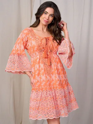 WOMEN'S 3/4 BELL SLEEVE DETAILED EYELET MINI DRESS