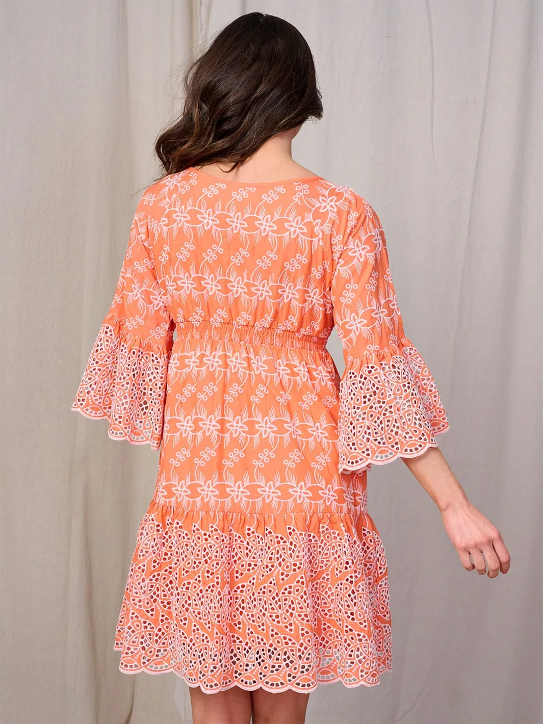 WOMEN'S 3/4 BELL SLEEVE DETAILED EYELET MINI DRESS