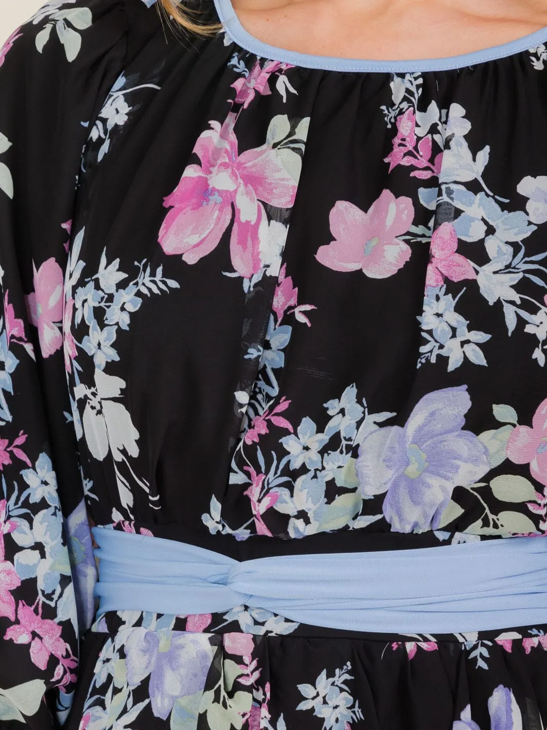 WOMEN'S 3/4 SLEEVE FLOWER PRINT SELF TIE MAXI DRESS