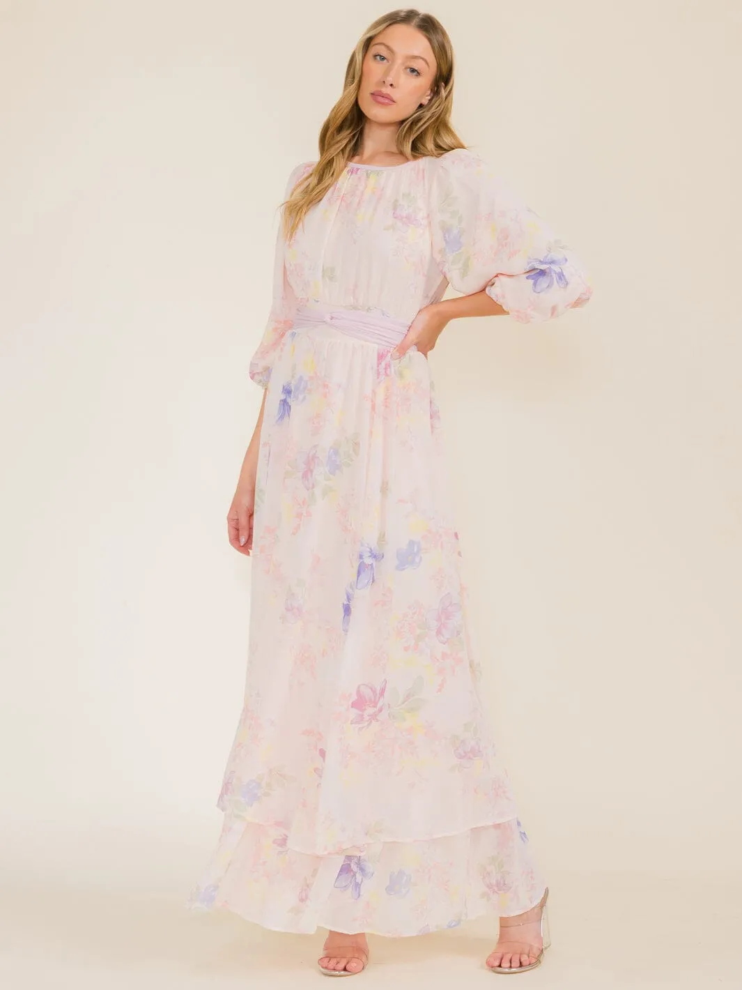 WOMEN'S 3/4 SLEEVE FLOWER PRINT SELF TIE MAXI DRESS