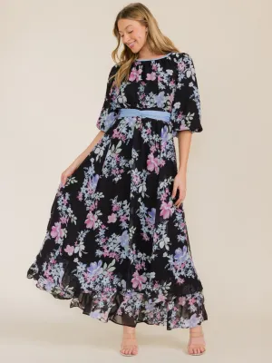 WOMEN'S 3/4 SLEEVE FLOWER PRINT SELF TIE MAXI DRESS
