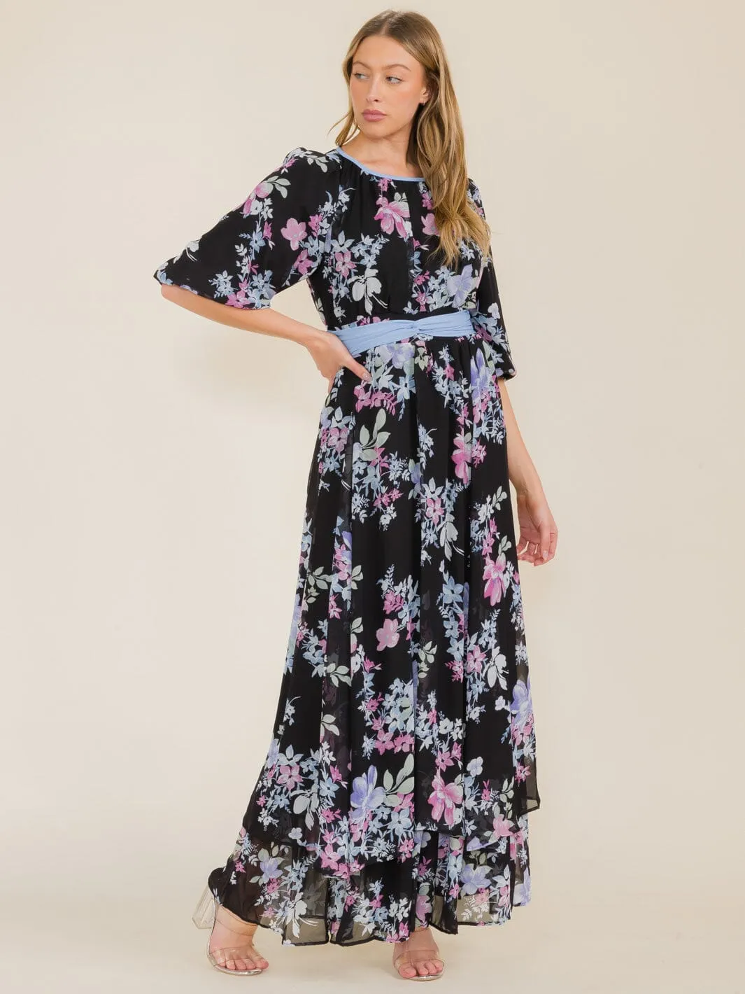 WOMEN'S 3/4 SLEEVE FLOWER PRINT SELF TIE MAXI DRESS