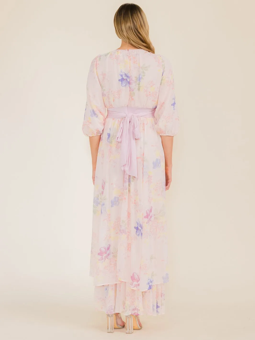 WOMEN'S 3/4 SLEEVE FLOWER PRINT SELF TIE MAXI DRESS
