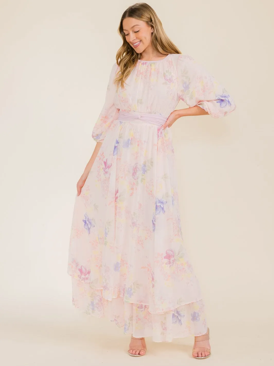 WOMEN'S 3/4 SLEEVE FLOWER PRINT SELF TIE MAXI DRESS