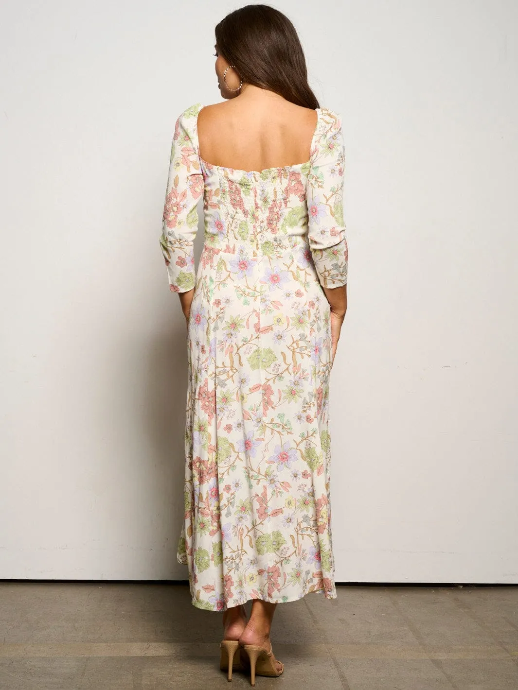 WOMEN'S 3/4 SLEEVE SMOCK FRONT SLIT FLORAL MIDI DRESS