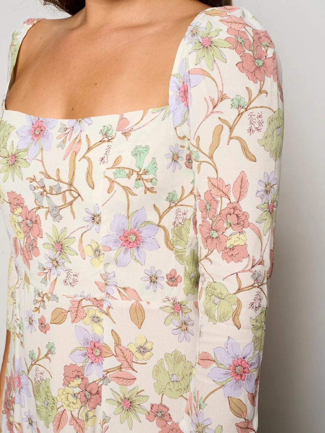 WOMEN'S 3/4 SLEEVE SMOCK FRONT SLIT FLORAL MIDI DRESS