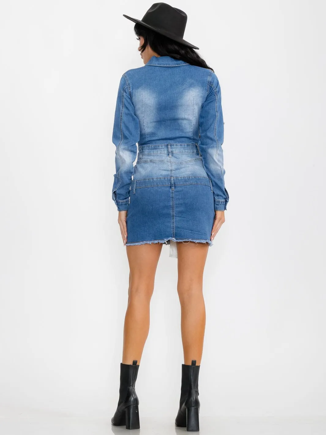 WOMEN'S LONG SLEEVE BUTTON UP POCKETS WASHED DENIM MIDI DRESS