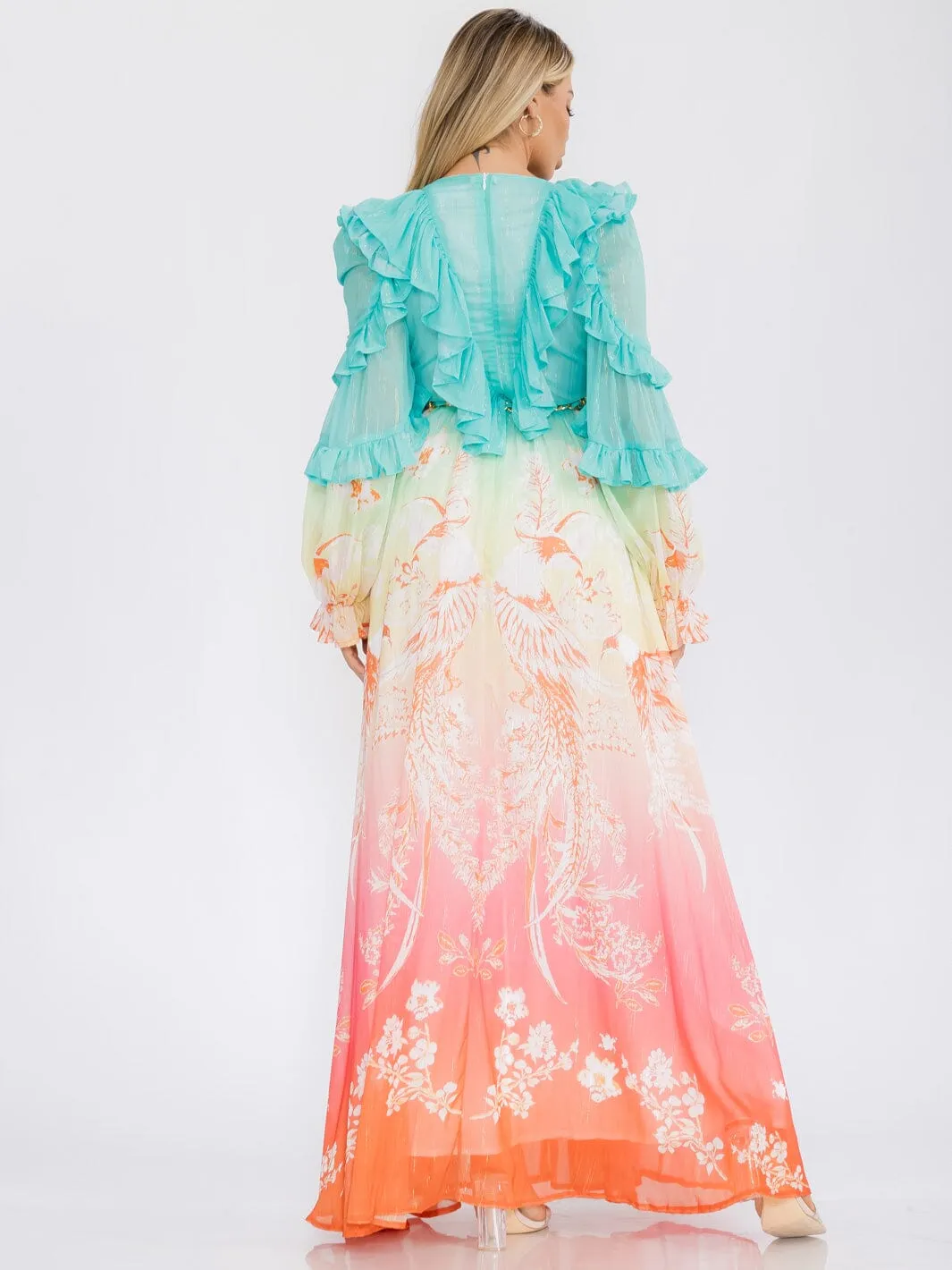 WOMEN'S LONG SLEEVE V-NECK COLORBLOCK SHIMMER PRINT MAXI DRESS