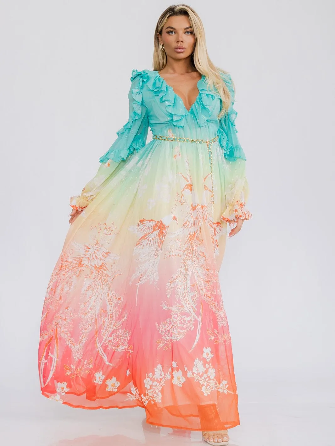 WOMEN'S LONG SLEEVE V-NECK COLORBLOCK SHIMMER PRINT MAXI DRESS