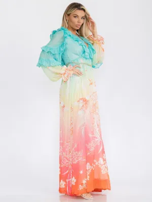 WOMEN'S LONG SLEEVE V-NECK COLORBLOCK SHIMMER PRINT MAXI DRESS