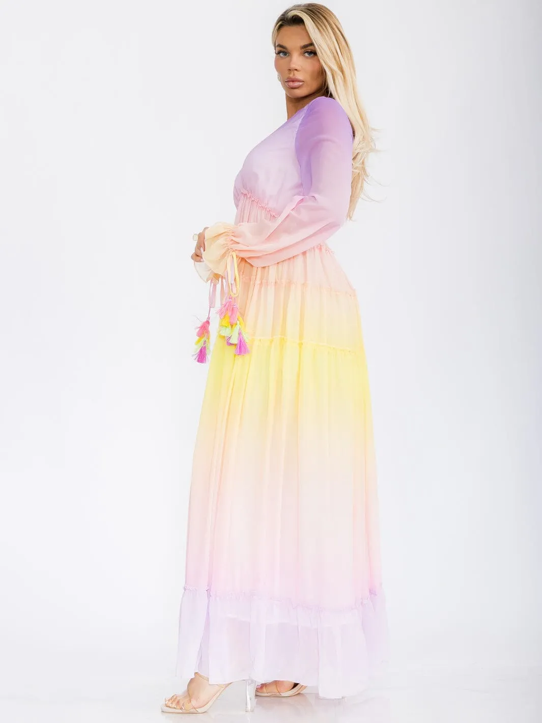 WOMEN'S LONG SLEEVE V-NECK COLORBLOCK TIERED MAXI DRESS