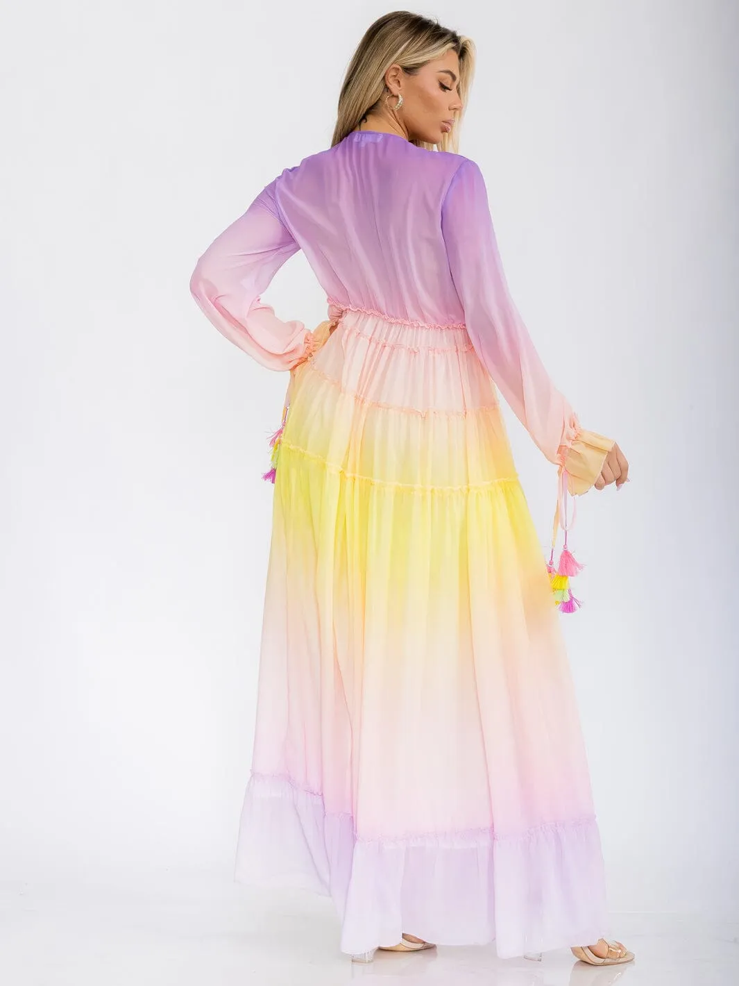 WOMEN'S LONG SLEEVE V-NECK COLORBLOCK TIERED MAXI DRESS