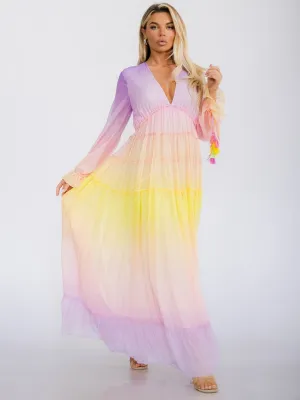 WOMEN'S LONG SLEEVE V-NECK COLORBLOCK TIERED MAXI DRESS