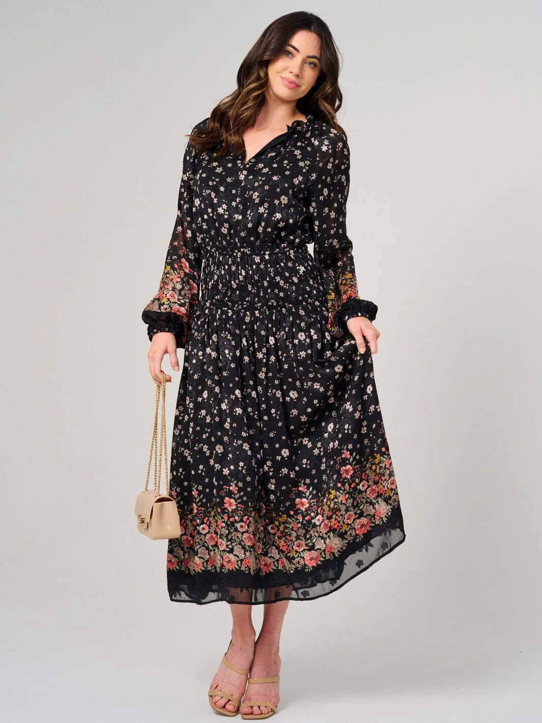 WOMEN'S LONG SLEEVE V-NECK ELASTIC WAIST FLORAL MAXI DRESS