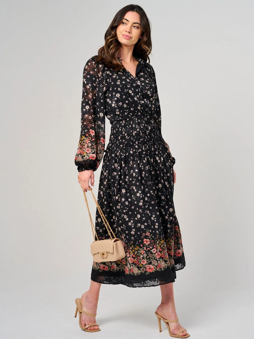 WOMEN'S LONG SLEEVE V-NECK ELASTIC WAIST FLORAL MAXI DRESS