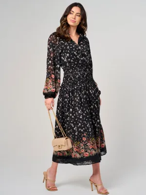 WOMEN'S LONG SLEEVE V-NECK ELASTIC WAIST FLORAL MAXI DRESS